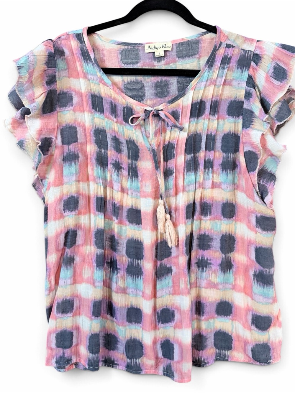Indigo Rose Pink & Navy Tie-Dye Tassel Flutter Sleeve Blouse